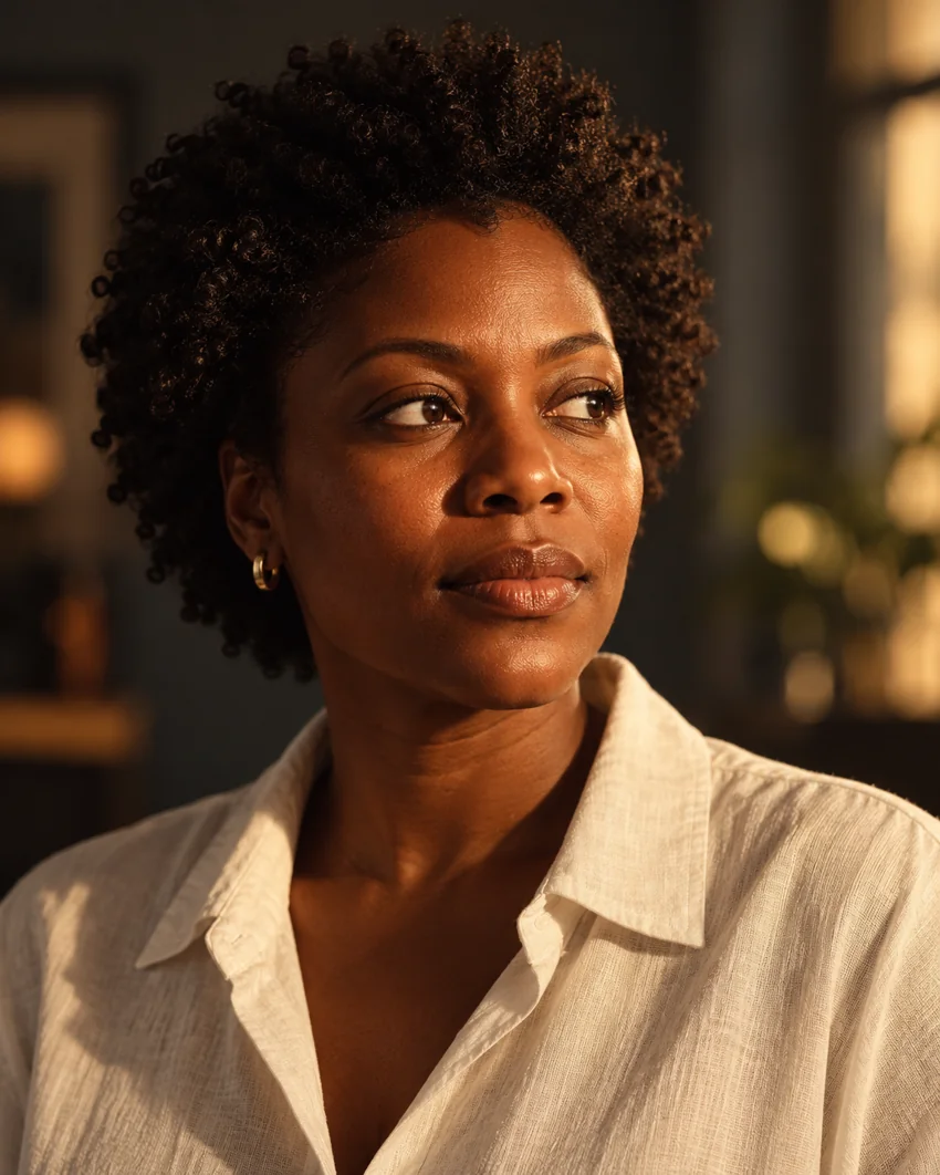 Mulher negra de cabelo natural e blusa clara olhando para o lado