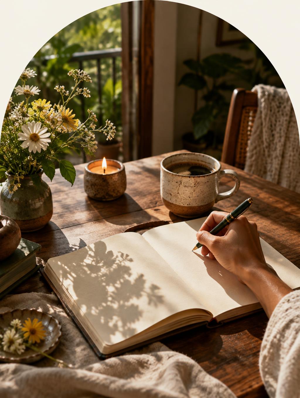 Caderno, café e flores em uma cena de autocuidado